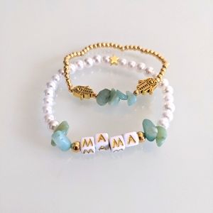 2 stone, gold plated beads, pearl & lettered bracelet stackable